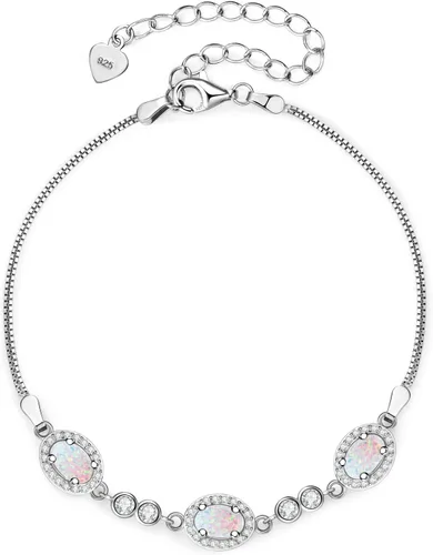 Sterling Silver Opal Bracelet for Women, Dainty Opal Link Bracelet October Birthstone Jewelry Gifts for Her Birthday Anniversary Christmas