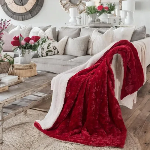 Miniatura 18 de DaDa Bedding Manta de Tiro Romántica de Piel Sintética Roja para San Valentín - Corazones Encantadores Mullidos Felpa Sherpa en el Reverso con Forro