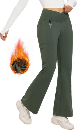 BALEAF Pantalones con forro polar para mujer, para invierno, térmicos, resistentes al agua, cruzados, acampanados, cálidos, corte de bota,