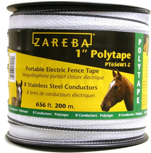 Zareba Polytape de 1 pulgada de 656 pies - Cercado eléctrico de 200 M - Polytape altamente visible - Fácil de instalar, reparar, rebanar - PT656W1-Z