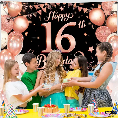 Miniatura 7 de KatchOn Cartel de feliz cumpleaños número 16 de oro rosa, grande de 72 x 44 pulgadas, decoraciones de fiesta de dulces 16, telón de fondo para niñas