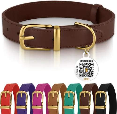 Miniatura 10 de BRONZEDOG Collar de cuero para perro con etiqueta de identificación QR, collares básicos para mascotas pequeños mini, gatos, cachorros