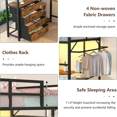 Miniatura 7 de Cama elevada de tamaño individual con almacenamiento y cabecero tapizado, estructura de cama elevada de metal con escritorio en forma de U y luces