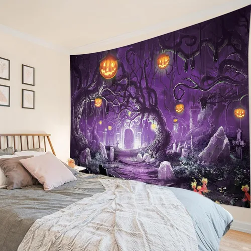 EOBTAIN Tapiz de Halloween espeluznante calabaza y murciélago en árbol muerto en bosque morado de terror, tapiz de pared de cementerio gótico