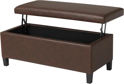 Miniatura 10 de Adeco Otomana de almacenamiento, banco tapizado rectangular de piel sintética con patas de madera, reposapiés, mesa de café para sala de estar, Negro