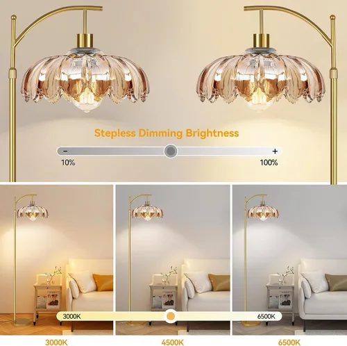 Miniatura 2 de AHDWDW Lámpara de pie de arco dorada para sala de estar con control remoto, lámparas de pie modernas regulables con pantalla de vidrio ámbar