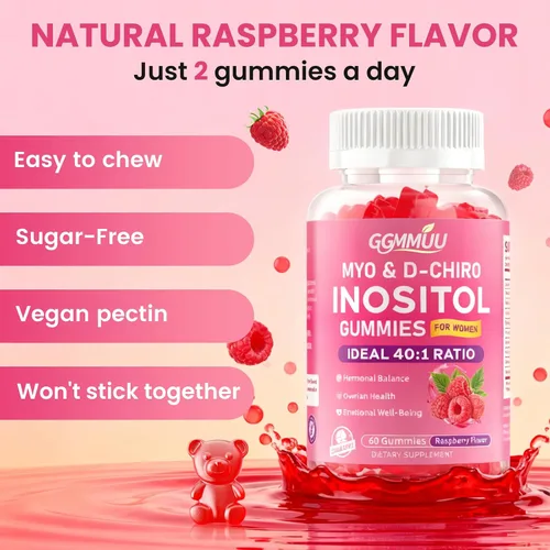 Miniatura 5 de Paquete de 2 gomitas de mio-inositol y D-Chiro inositol para mujeres de 2000 mg + 50 mg de proporción ideal 40:1 con vitamina D3, glicinato