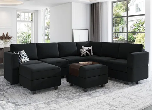 Miniatura 9 de Belffin Sofá modular en forma de U con tumbonas reversibles, de terciopelo, con asiento de almacenamiento, color negro