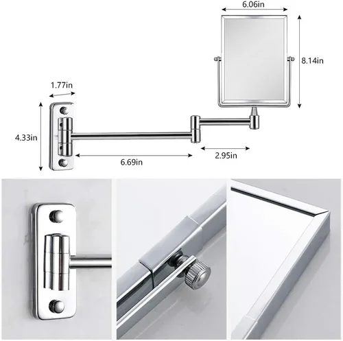 Miniatura 6 de QiMH Espejo de maquillaje de pared con aumento 3X Rectangular 8 x 6 pulgadas con brazo extensible Espejo giratorio de doble cara con acabado