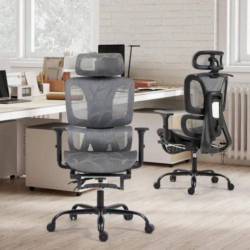 Miniatura 2 de Silla de oficina ergonómica con soporte lumbar ajustable, reposabrazos y reposacabezas 3D, silla reclinable de 135° con reposapiés, silla giratoria