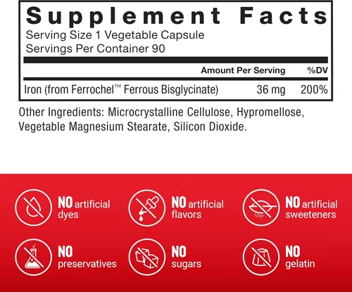 Miniatura 5 de Force Factor, Suplemento de hierro para mujeres y hombres, no estreñimiento, suave para el estómago, bisglicinato de hierro 36 mg, 90 cápsulas