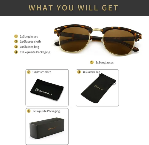 Miniatura 6 de SUNGAIT Gafas de sol retro clásicas de medio marco con lente polarizada