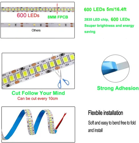 Miniatura 7 de Tira de luces LED AC110-130V, regulable, 10,000 lúmenes, 16.4 pies, SMD 2835, 600 LED, impermeable, IP44, tira de cinta, más brillo que las tiras