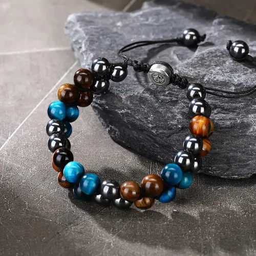 Miniatura 4 de 2 pulseras de cuentas de roca de lava, pulsera de triple protección, pulsera de hematita, obsidiana negra, ojo de tigre, pulsera de cuentas