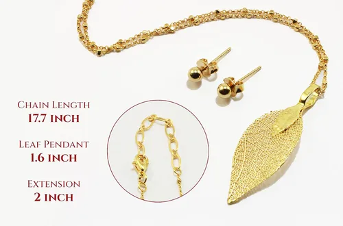 Miniatura 42 de Joyas de hoja de oro rosa y plata para mujer. Pendientes de hoja natural y collares circulares colgantes. Elegantes conjuntos de joyas colgantes.