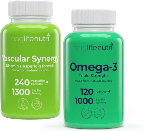LongLifeNutri Vascular Synergy Complejo de diosmina Hesperidina 1300 mg y aceite de pescado Omega-3 paquete de 1000 mg – 240 cápsulas vegetales +