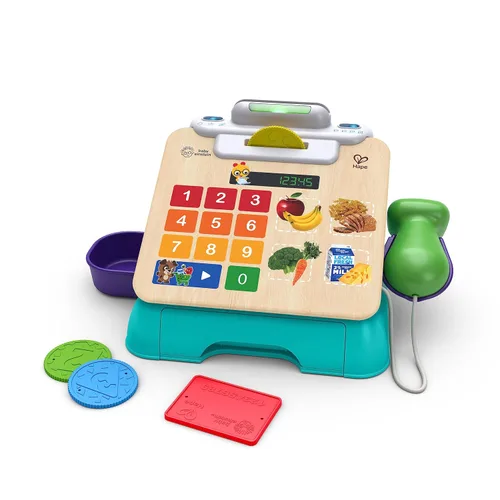 Baby Einstein + Hape Caja registradora de juguete con toque mágico, juguete de simulación de pago, sonidos y música reales, para edades de 1, 2, 3,