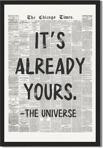 HUYKON Póster de pared enmarcado en blanco y negro retro de periódico, cita del universo "It's already yours", decoración de pared moderna, positiva