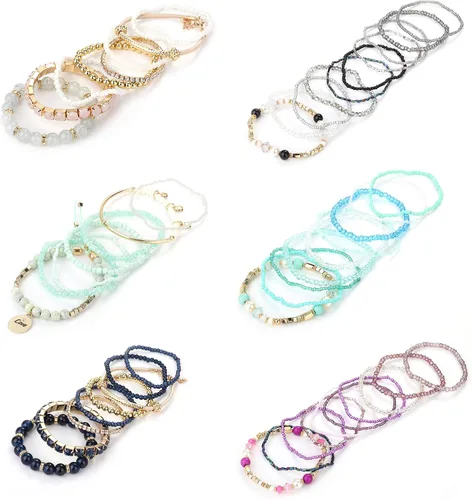 Miniatura 2 de LOYALLOOK Juego de 6 pulseras de cuentas apilables bohemias para mujer pulseras elásticas estilo bohemio elásticas de varias capas