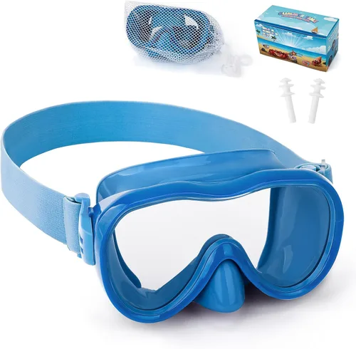 Miniatura 10 de Máscara de snorkel para niños, máscara de buceo de 180° con cubierta para la nariz, gafas de natación antiniebla para niños con correa de tela Azul