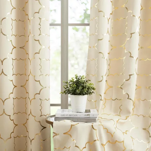 Miniatura 3 de Purainbow Cortinas opacas beige para dormitorio, sala de estar con paneles de impresión de lámina dorada, oscurecimiento de la habitación