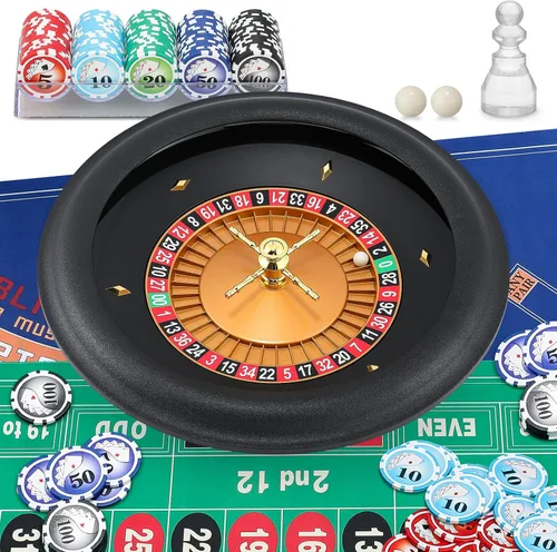 Juego de ruedas de ruleta ABS de 18 pulgadas con mantel de ruleta de doble cara de 47.2 x 23.6 pulgadas, 100 piezas de fichas de póquer, marcador de