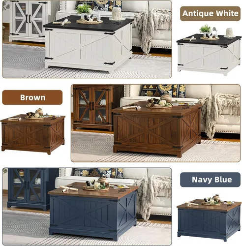 Miniatura 7 de Joaxswe - Mesa de café de granja con organizador de almacenamiento oculto, mesa central cuadrada moderna y grande, mesas bajas de madera estilo Azul