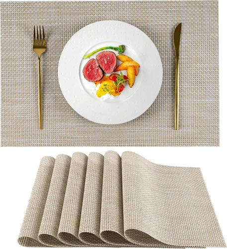 Miniatura 8 de Juego de 4 manteles individuales de vinilo de plástico tejido beige y amarillo para decoración de mesa de comedor, resistentes al calor