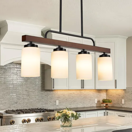 Lámpara de Comedor Estilo Granja Sobre Mesa, Iluminación de Isla de Cocina de Madera Negra de 4 Luces con Vidrio Blanco Leche, Luces Colgantes de