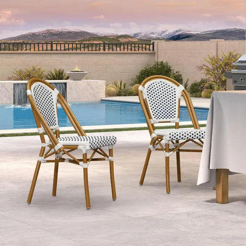 Miniatura 34 de PURPLE LEAF Juego de 1 silla de comedor al aire libre, marco de aluminio francés en acabado de bambú con ratán tejido ámbar y blanco para cocina