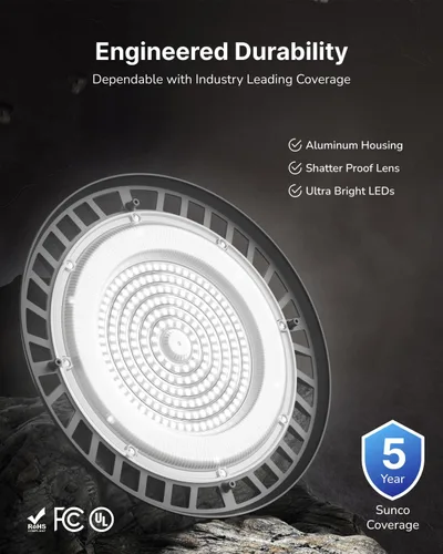 Miniatura 4 de Sunco - Paquete de 10 luces LED UFO de alta bahía, 150 W, 19500 lúmenes, 5000 K, luces comerciales ultra brillantes para almacén, fábrica, taller