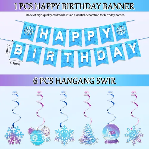 Miniatura 3 de Decoraciones de fiesta de cumpleaños de Frozen, suministros de fiesta de copos de nieve de invierno con pancarta de feliz cumpleaños, telón