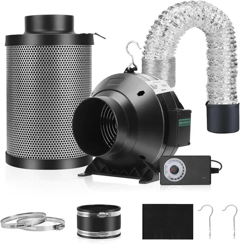 Kit de filtración de aire, ventilador de conducto en línea de 4 pulgadas y 190 CFM con controlador de velocidad, filtro de alto carbono de 12
