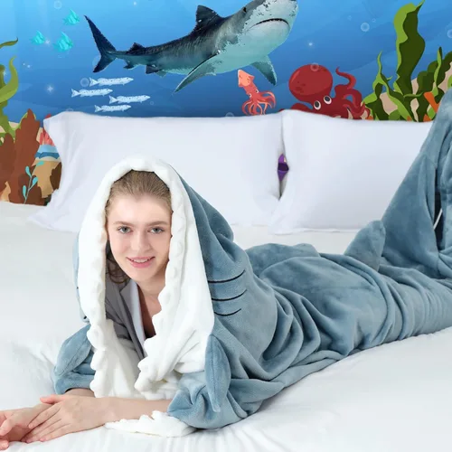 Miniatura 2 de Touchat Manta de Tiburón, Disfraz de Enterizo para Adulto, Manta Suave y Acogedora de Franela con Dibujos de Animales para Cosplay, Manta con Azul
