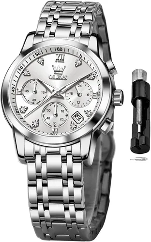 Miniatura 11 de OLEVS Reloj multifuncional de dos tonos para mujer, reloj analógico de cuarzo para mujer, de acero inoxidable, resistente al agua, con diamantes