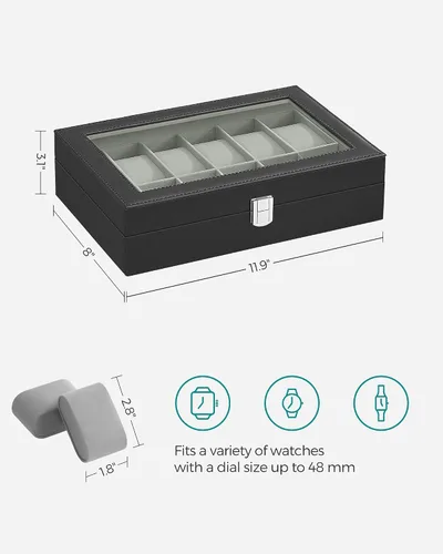 Miniatura 6 de SONGMICS Caja de reloj, caja de 12 ranuras con tapa de vidrio grande, almohadas de reloj extraíbles, regalo para seres queridos, cuero sintético