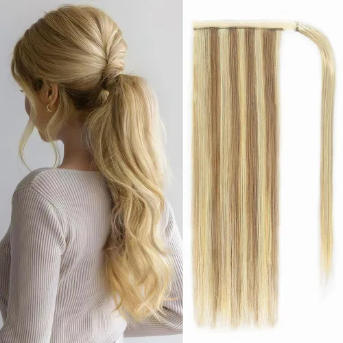Miniatura 7 de Extensión de cola de caballo de cabello humano Remy 100% real, envolvente, cola de caballo larga y recta, extensiones de cabello con cola de caballo