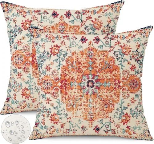 Miniatura 7 de Juego de 2 fundas de almohada impermeables para exteriores de 16 x 16 pulgadas, patrón de alfombra bohemio vintage, diseño étnico negro y gris