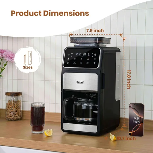 Miniatura 6 de Gevi Cafetera de goteo de 10 tazas con molinillo integrado, máquina de café combinada de moler y preparar rebabas con pantalla táctil, programable