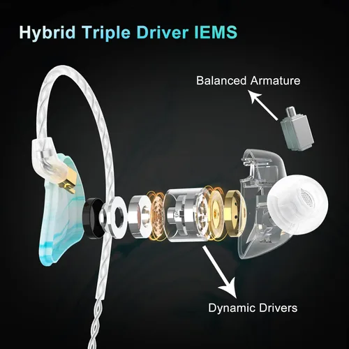 Miniatura 2 de BASN MMCX - Auriculares intraurales con monitor de oído, auriculares IEM de triple driver para músico y baterista, auriculares estéreo HiFi