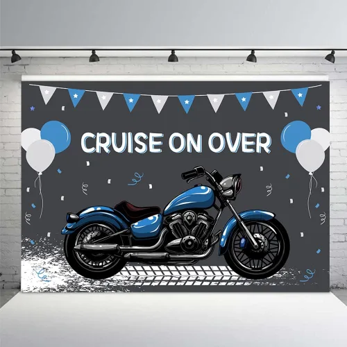 MEHOFOND Telón de fondo de cumpleaños de motocicleta para niños, decoración de globos azules y blancos de carreras geniales para deportes extremos,