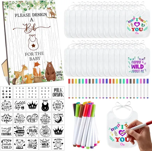 Miniatura 8 de Panitay Kit de decoración de 100 baberos para bebé, 50 baberos blancos, 25 plantillas, 24 marcadores de tela, 1 letrero de juego para baby shower