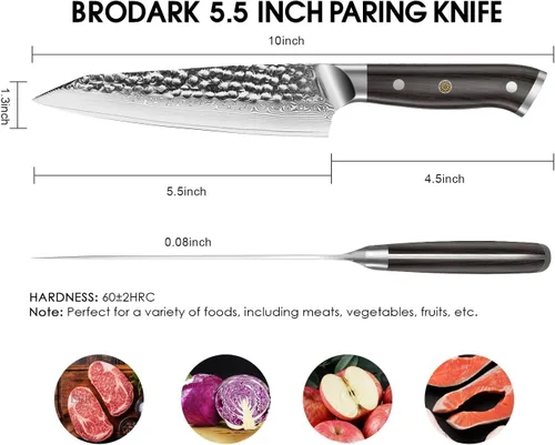 Miniatura 5 de BRODARK Cuchillo de pelar, cuchillo utilitario de Damasco de 5 pulgadas, cuchillo japonés VG10 con núcleo de acero ultra afilado con mango de ébano