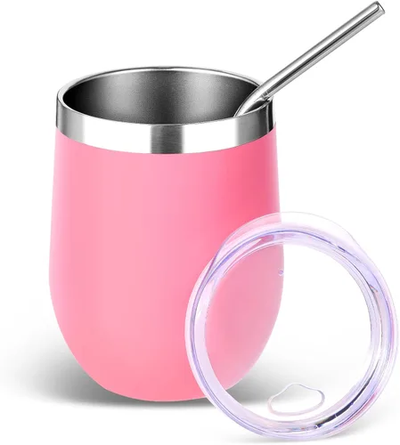Miniatura 62 de Volhoply - Juego de 12 vasos de vino de 12 onzas con tapa, hechos de acero inoxidable con aislamiento al vacío de doble pared, vasos de vino sin Rosa