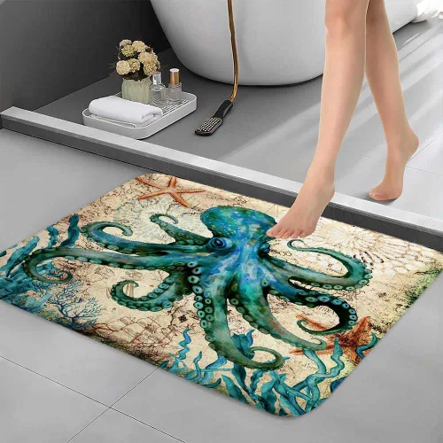 Miniatura 2 de Boziqr Alfombra de baño náutica vintage de pulpo, alfombra de baño retro océano playa, absorbente de agua, antideslizante, alfombra de ducha