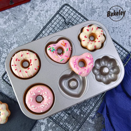Miniatura 3 de Molde de Donas Elegante, Molde de Donas de 6 Cavidades, Molde de Bundt de Acero Resistente Antiadherente con Forma de Corazón y Flor, Redondo, Juego