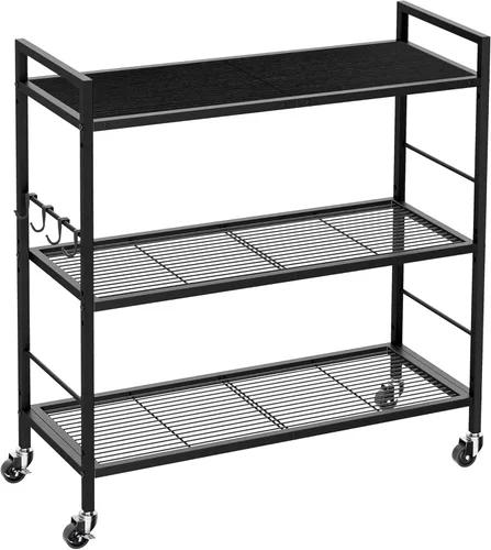 Miniatura 14 de Estante de almacenamiento de metal de 3 niveles con ruedas industriales, estantería de malla con mesa de madera, estante ajustable, 23.6 pulgadas