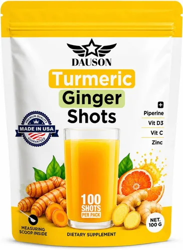 Suplementos de Cúrcuma y Jengibre con Piperina, Vitamina C, Vitamina D3 y Zinc | 100 Porciones de Shots de Cúrcuma y Jengibre para la Salud de