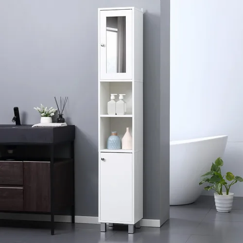 Miniatura 2 de kleankin Armario alto de almacenamiento de baño con espejo, gabinete de torre independiente de madera con estantes ajustables para baño o sala