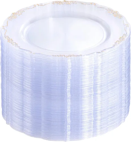 DaYammi 60 piezas de platos de plástico transparente dorado elegantes platos desechables transparentes resistentes premium de 10.25 pulgadas con